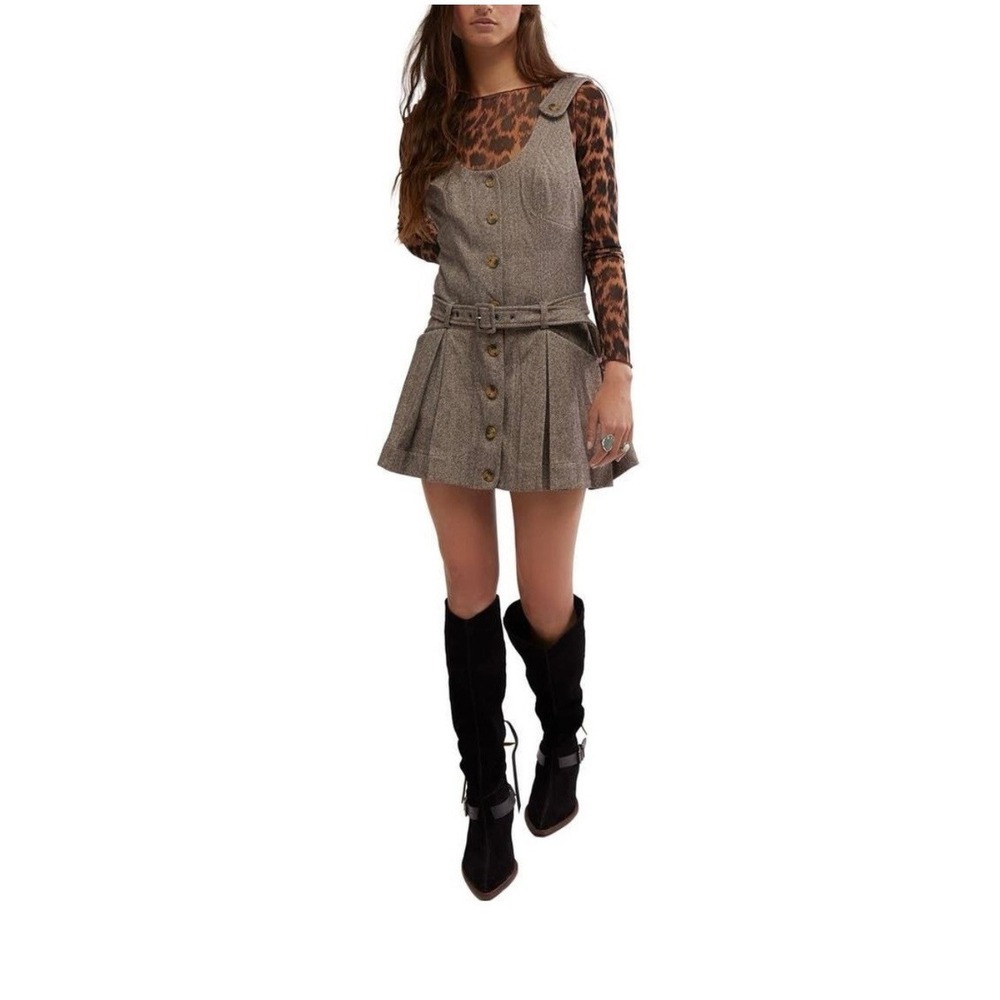 Free‎ People Herringbone Pinafore Mini Dress Brown Tweed Button Front Belted SP